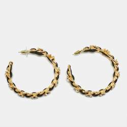 Pre Owned Chanel  CC Leather Crystals Gold Tone Hoop Earrings