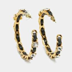 Pre Owned Chanel  CC Leather Crystals Gold Tone Hoop Earrings
