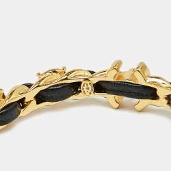 Pre Owned Chanel  CC Leather Crystals Gold Tone Hoop Earrings