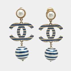 Chanel CC Faux Pearl Enamel Gold Tone Earrings