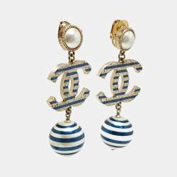 Chanel CC Faux Pearl Enamel Gold Tone Earrings