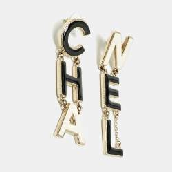 Chanel 'CHA-NEL' Enamel Gold  Tone Drop Earrings