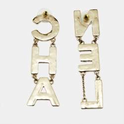 Chanel 'CHA-NEL' Enamel Gold  Tone Drop Earrings
