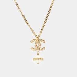 Chanel CC Faux Pearl Gold Tone Chain Link Pendant Necklace