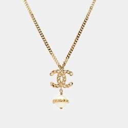 Chanel CC Faux Pearl Gold Tone Chain Link Pendant Necklace