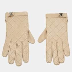 Chanel Beige Quilted Lambskin Leather CC Turnlock Gloves Size 8