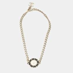 Chanel Interlaced CC Medallion Leather Gold Tone Pendant Chain Necklace