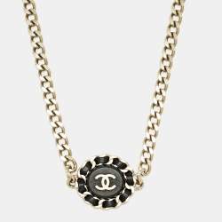 Chanel Interlaced CC Medallion Leather Gold Tone Pendant Chain Necklace
