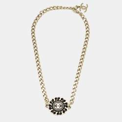 Chanel Interlaced CC Medallion Leather Gold Tone Pendant Chain Necklace