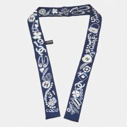 Chanel Dark Blue CC Charms Print Silk Slim Bandeau Scarf