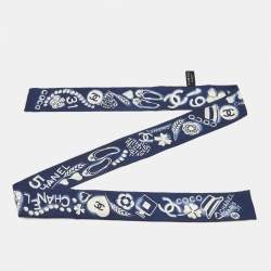 Chanel Dark Blue CC Charms Print Silk Slim Bandeau Scarf