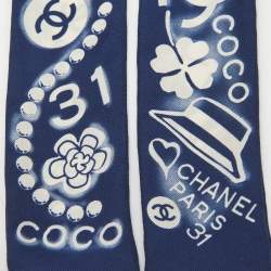 Chanel Dark Blue CC Charms Print Silk Slim Bandeau Scarf