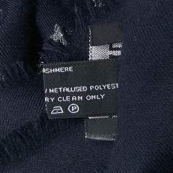 Chanel Navy Blue Lurex Brocade Cashmere Blend Frayed Edge Scarf
