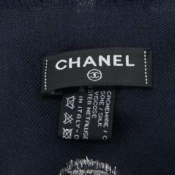 Chanel Navy Blue Lurex Brocade Cashmere Blend Frayed Edge Scarf