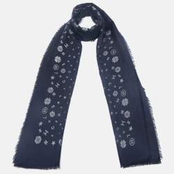 Chanel Navy Blue Lurex Brocade Cashmere Blend Frayed Edge Scarf