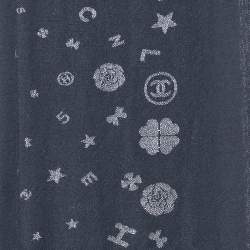 Chanel Navy Blue Lurex Brocade Cashmere Blend Frayed Edge Scarf