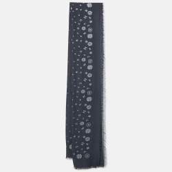 Chanel Navy Blue Lurex Brocade Cashmere Blend Frayed Edge Scarf