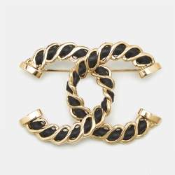 Chanel CC Leather Gold Tone Brooch