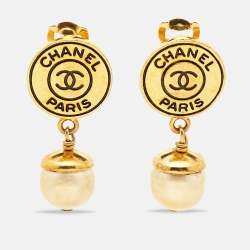 Chanel CC Faux Pearl Gold Tone Drop Clip-on Earrings