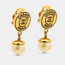 Chanel CC Faux Pearl Gold Tone Drop Clip-on Earrings