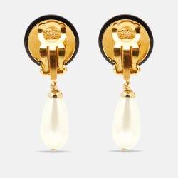 Pre Owned Chanel CC Resin Faux Pearl Gold Tone Drop Earrings
