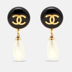 Chanel CC Resin Faux Pearl Gold Tone Drop Earrings