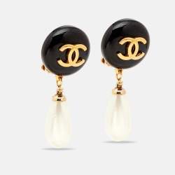 Pre Owned Chanel CC Resin Faux Pearl Gold Tone Drop Earrings