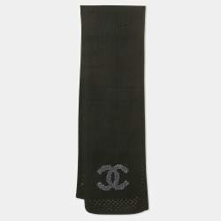 Chanel Black CC Embroidered Cashmere Knit Scarf
