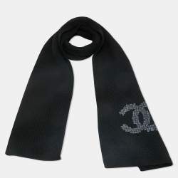 Chanel Black CC Embroidered Cashmere Knit Scarf
