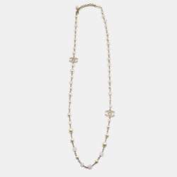 Chanel CC Faux Pearl Beads Gold Tone Long Necklace