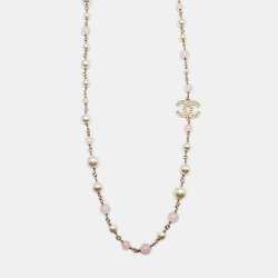 Chanel CC Faux Pearl Beads Gold Tone Long Necklace