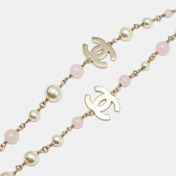 Chanel CC Faux Pearl Beads Gold Tone Long Necklace