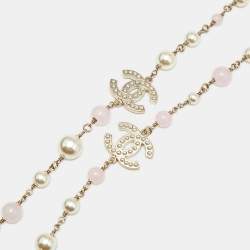 Chanel CC Faux Pearl Beads Gold Tone Long Necklace