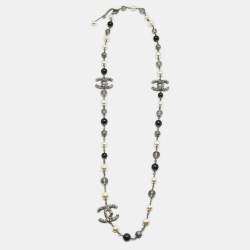 Chanel CC Faux PearlCrystals Beaded Star Silver Tone Long Necklace