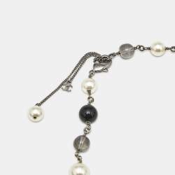 Chanel CC Faux PearlCrystals Beaded Star Silver Tone Long Necklace