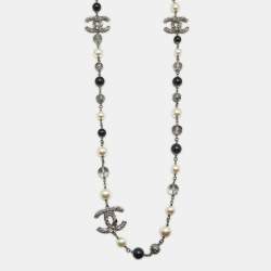 Chanel CC Faux PearlCrystals Beaded Star Silver Tone Long Necklace