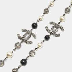 Chanel CC Faux PearlCrystals Beaded Star Silver Tone Long Necklace