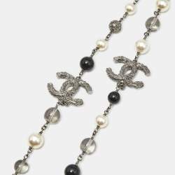 Chanel CC Faux PearlCrystals Beaded Star Silver Tone Long Necklace