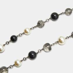 Chanel CC Faux PearlCrystals Beaded Star Silver Tone Long Necklace