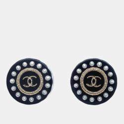 Chanel Black Gold Plated Acrylic Button Piercing Earrings