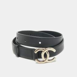 Chanel Black Leather CC Crystals Buckle Slim Belt 75CM