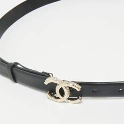 Chanel Black Leather CC Crystals Buckle Slim Belt 75CM