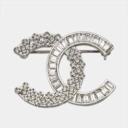 Chanel CC Crystal Embellished Silver Tone Pin Brooch