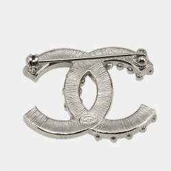 Chanel CC Crystal Embellished Silver Tone Pin Brooch