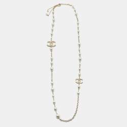 Chanel CC Crystals Faux Pearl Gold Tone Long Necklace