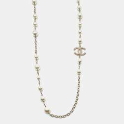 Pre Owned Chanel CC Crystals Faux Pearl Gold Tone Long Necklace