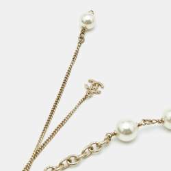 Pre Owned Chanel CC Crystals Faux Pearl Gold Tone Long Necklace
