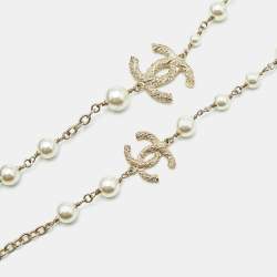 Pre Owned Chanel CC Crystals Faux Pearl Gold Tone Long Necklace