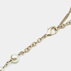 Pre Owned Chanel CC Crystals Faux Pearl Gold Tone Long Necklace