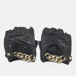 Chanel Black Perforated Leather Chain Link Fingerless Gloves
